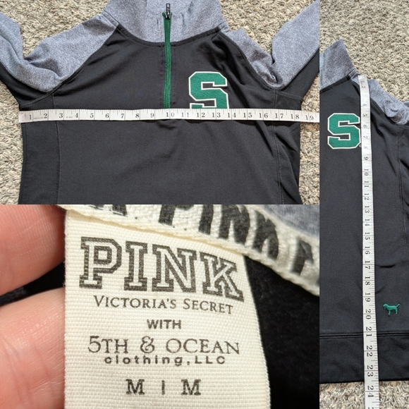 PINK Victoria's Secret Black Grey Green MSU Michigan State 1/4 Zip Pullover M - Picture 7 of 7